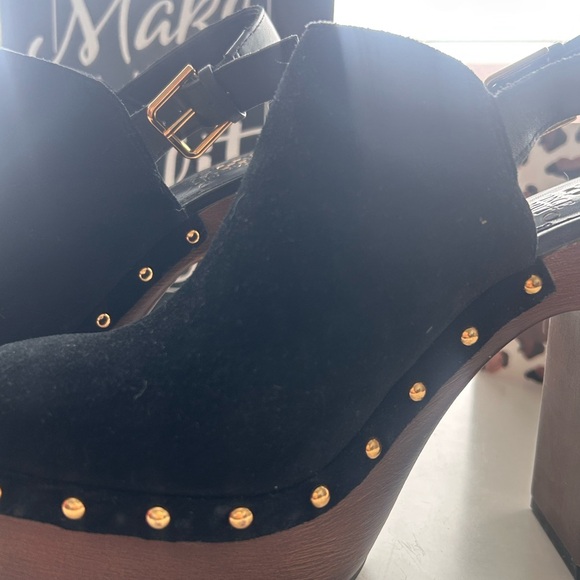 Vince Camuto Black Suede Mules with Gold Accents - Picture 4 of 7